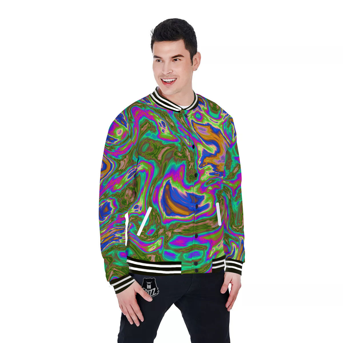 Psychedelic Trippy Purple Green Print Baseball Jacket-grizzshop