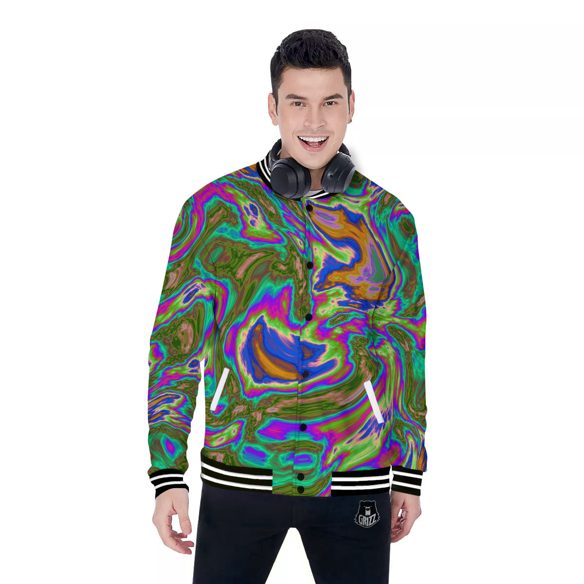 Psychedelic Trippy Purple Green Print Baseball Jacket-grizzshop