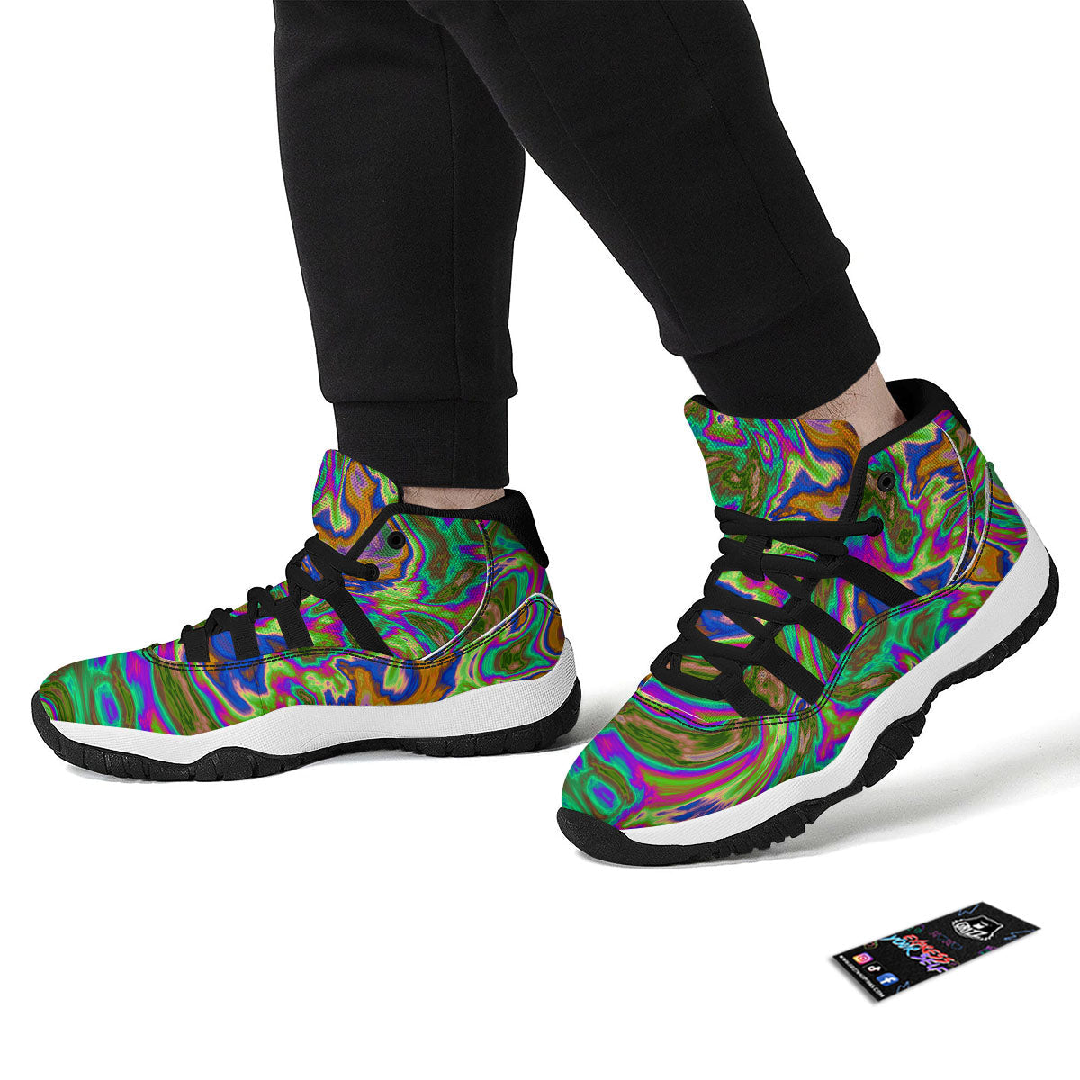 Psychedelic Trippy Purple Green Print Black Bball Shoes-grizzshop