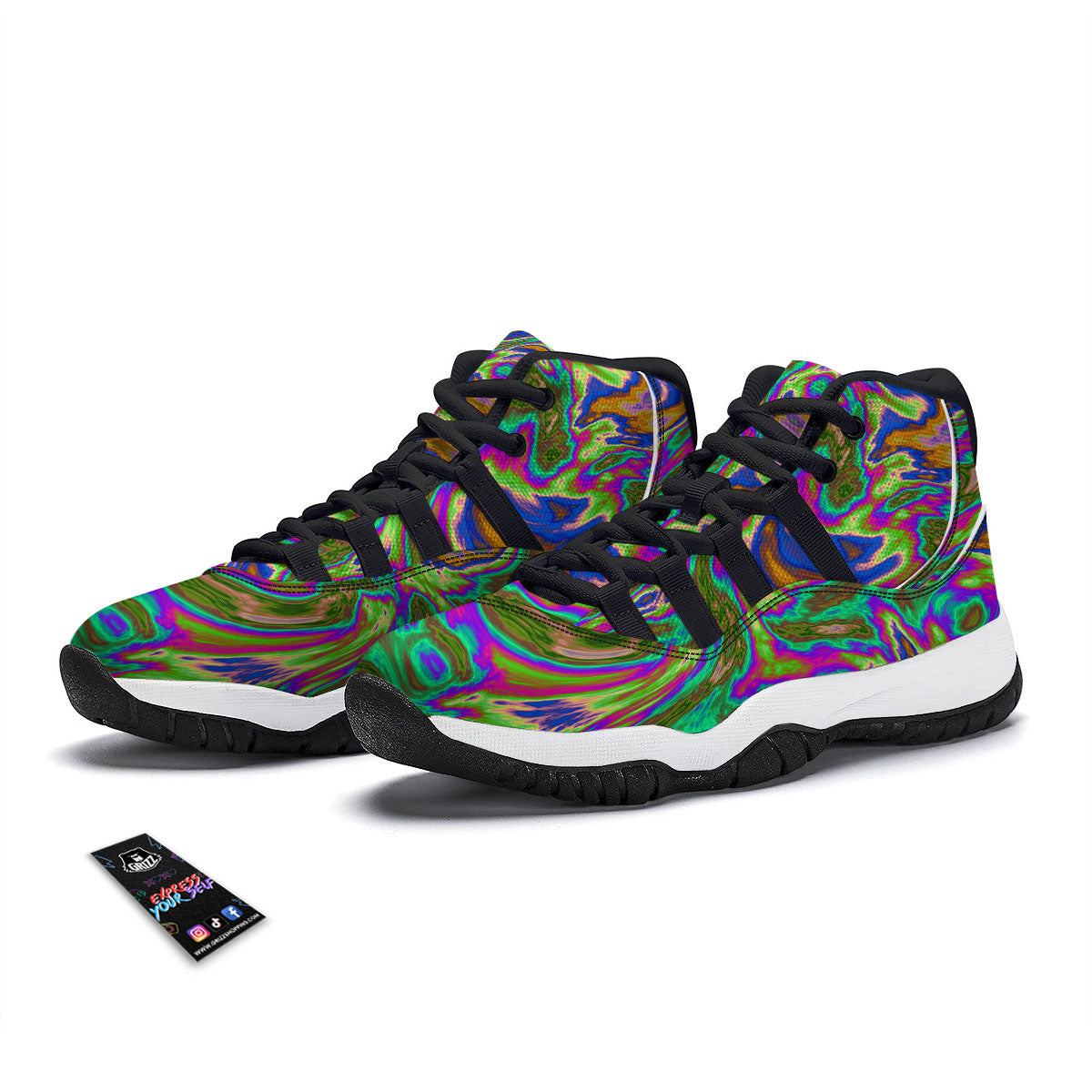 Psychedelic Trippy Purple Green Print Black Bball Shoes-grizzshop