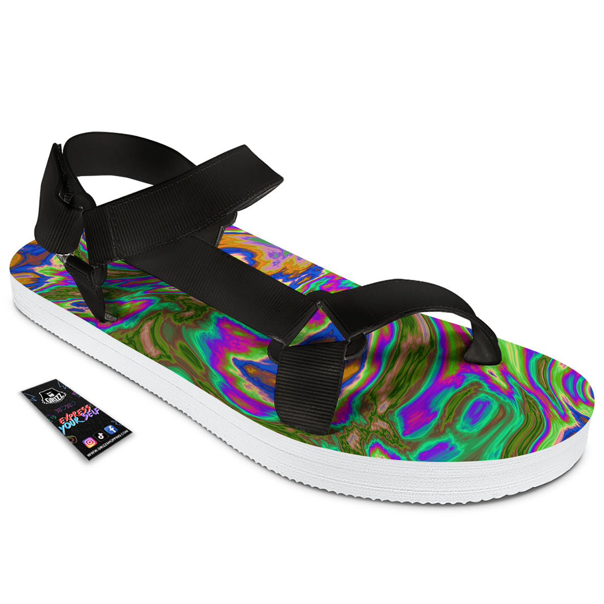 Psychedelic Trippy Purple Green Print Black Open Toe Sandals-grizzshop