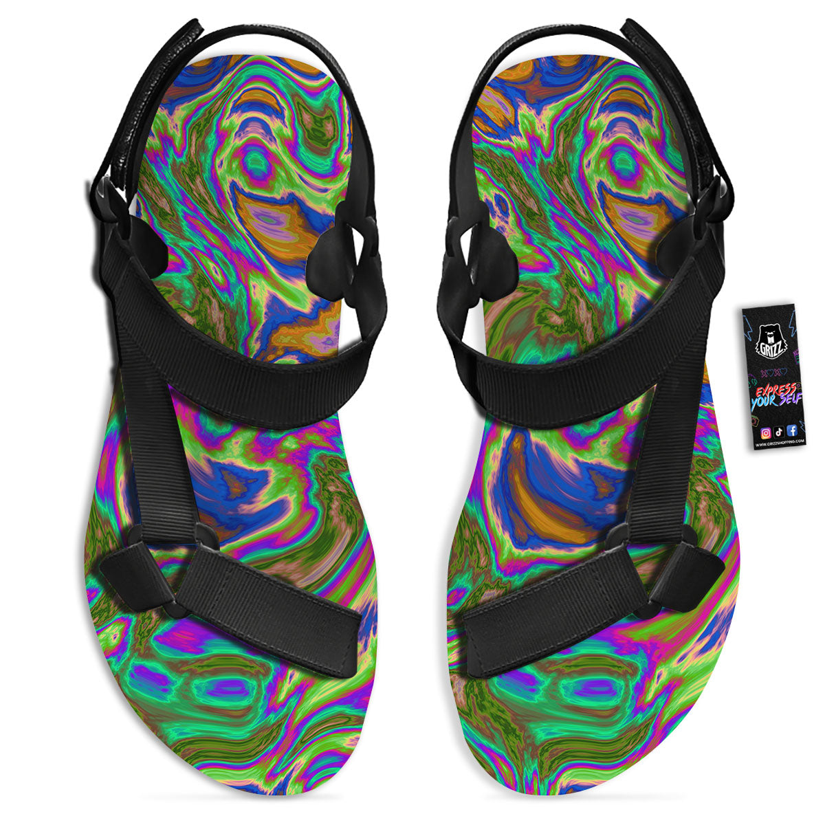 Psychedelic Trippy Purple Green Print Black Open Toe Sandals-grizzshop