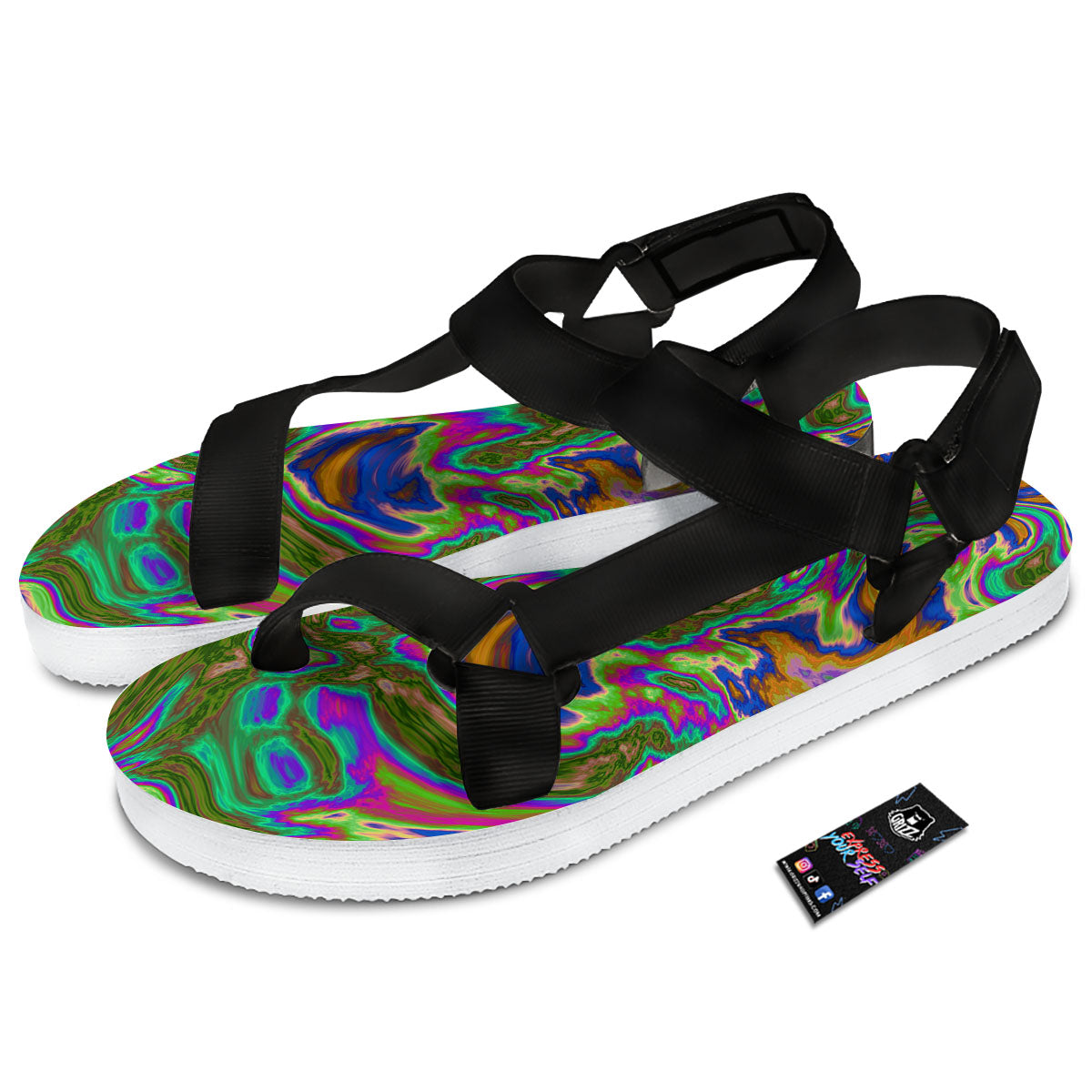 Psychedelic Trippy Purple Green Print Black Open Toe Sandals-grizzshop