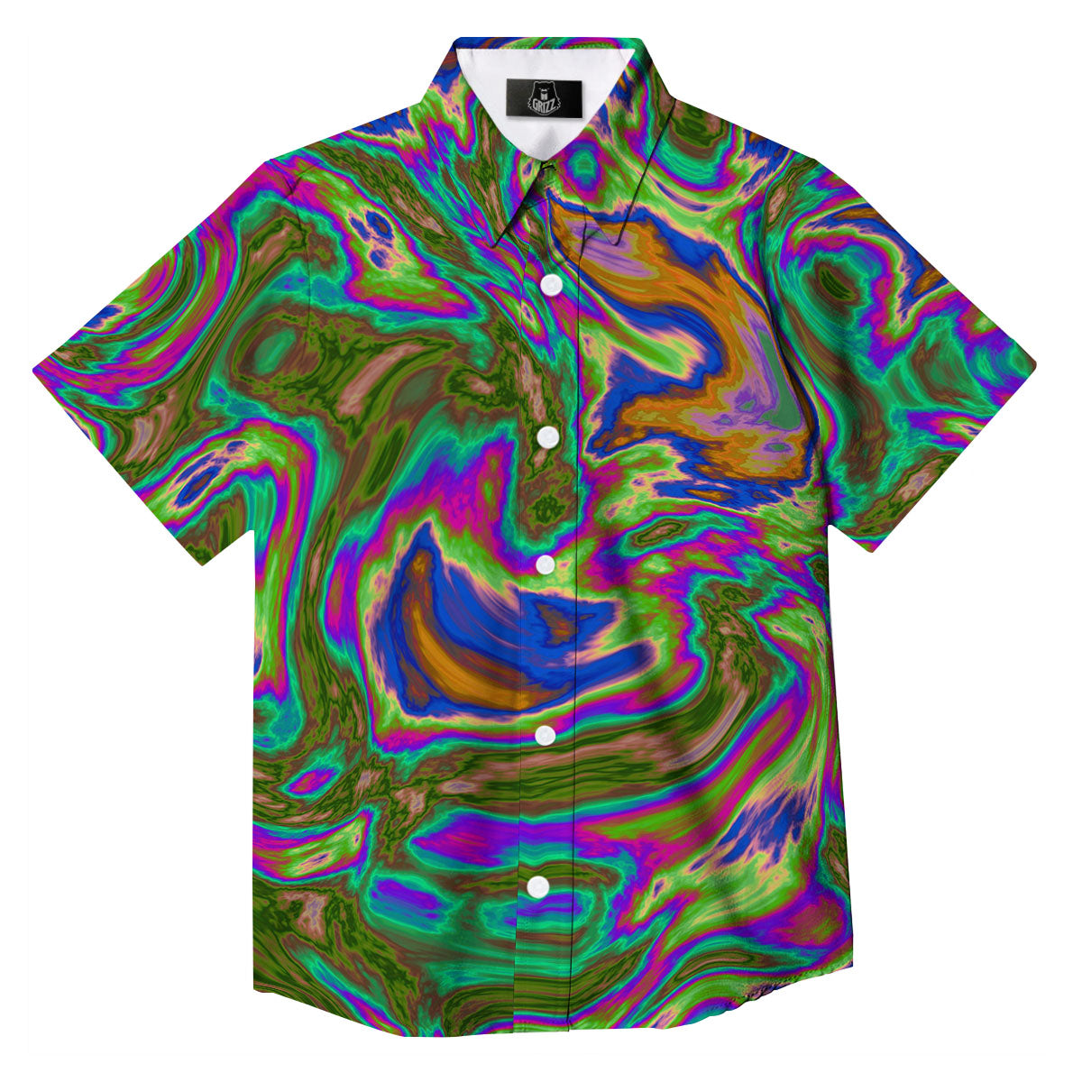 Psychedelic Trippy Purple Green Print Button Up Shirt-grizzshop