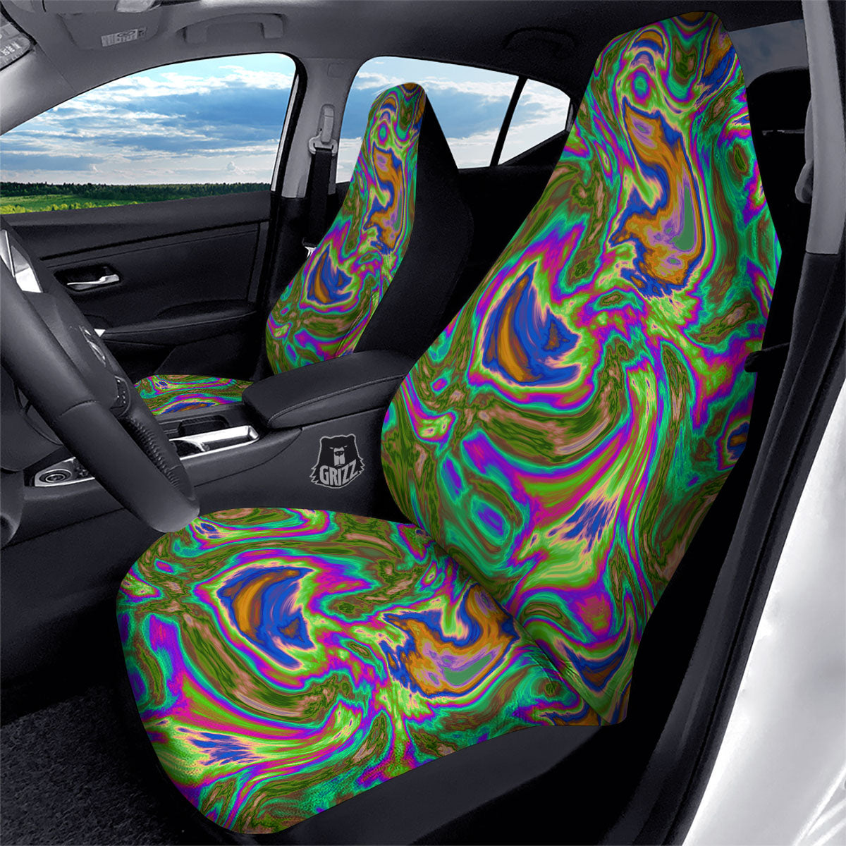 Psychedelic Trippy Purple Green Print Car Seat Covers-grizzshop