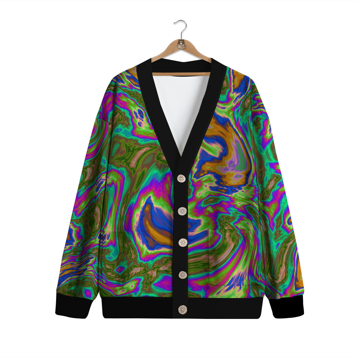 Psychedelic Trippy Purple Green Print Cardigan-grizzshop