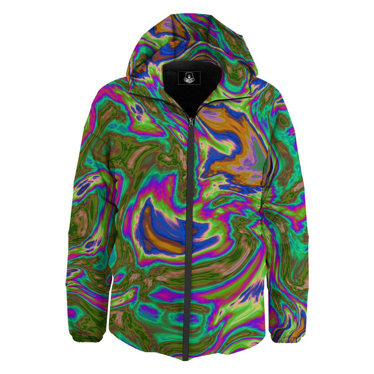 Psychedelic Trippy Purple Green Print Down Jacket-grizzshop