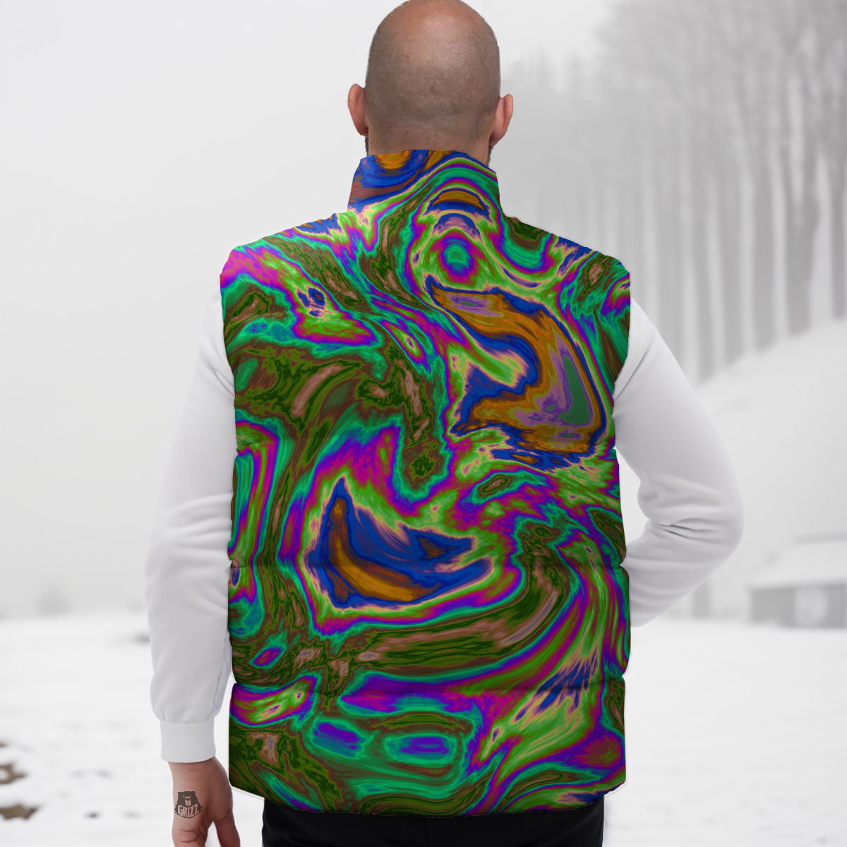 Psychedelic Trippy Purple Green Print Down Vest