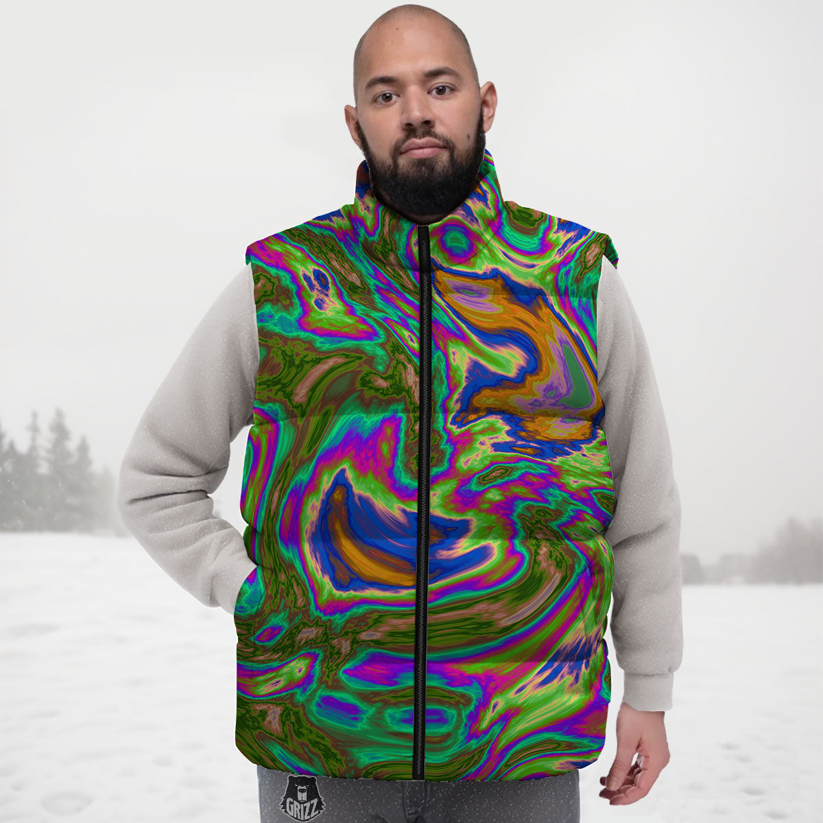 Psychedelic Trippy Purple Green Print Down Vest