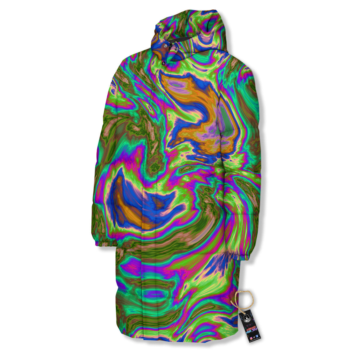 Psychedelic Trippy Purple Green Print Long Down Jacket-grizzshop