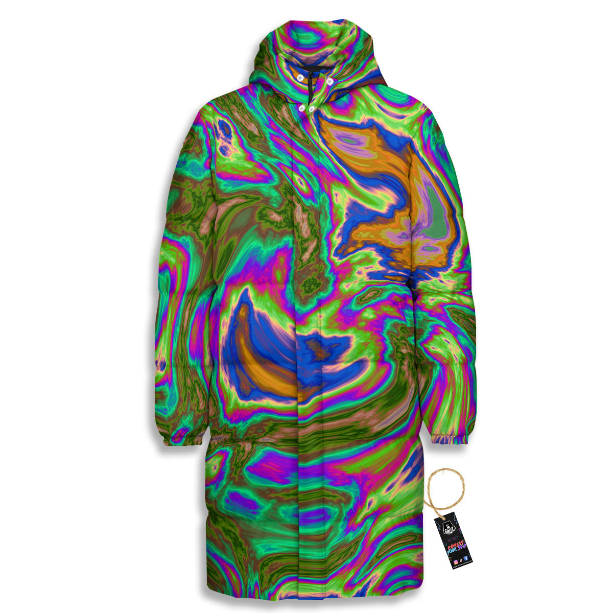Psychedelic Trippy Purple Green Print Long Down Jacket-grizzshop