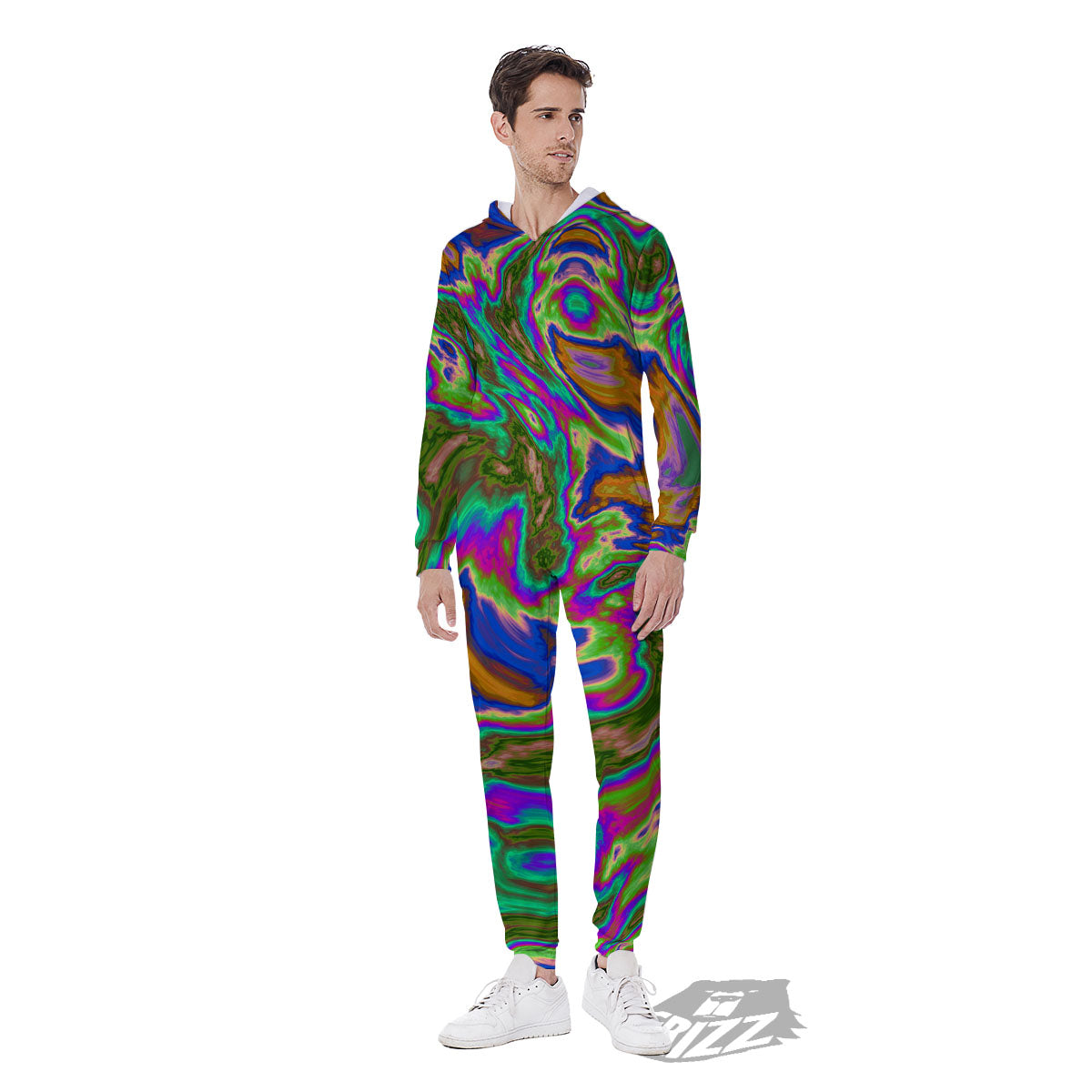 Psychedelic Trippy Purple Green Print Men's Jumpsuit-grizzshop