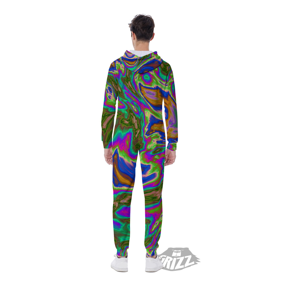 Psychedelic Trippy Purple Green Print Men's Jumpsuit-grizzshop