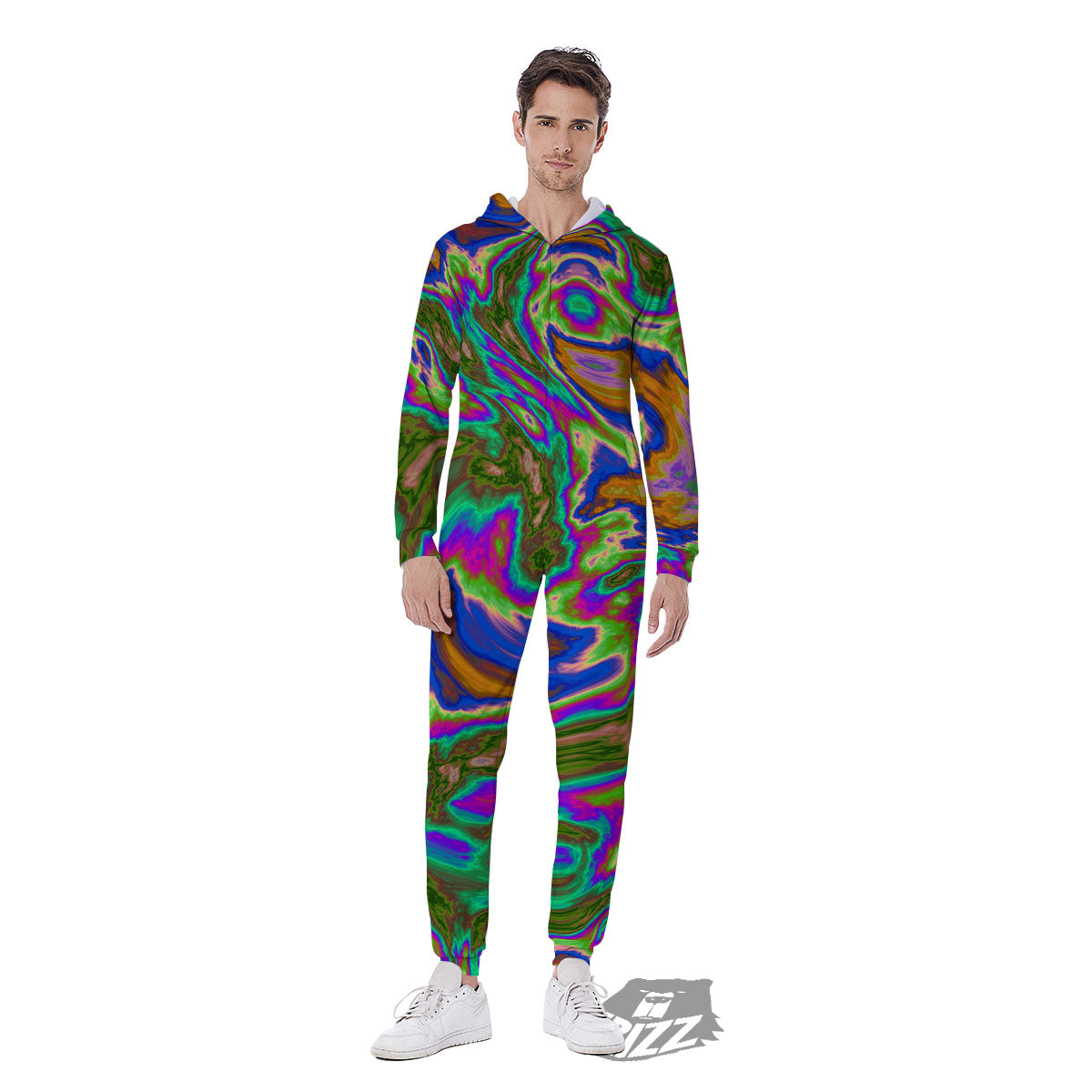 Psychedelic Trippy Purple Green Print Men's Jumpsuit-grizzshop