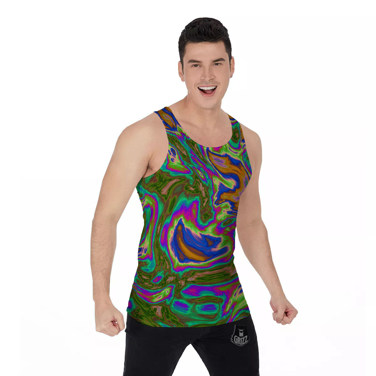 Psychedelic Trippy Purple Green Print Men's Tank Top-grizzshop