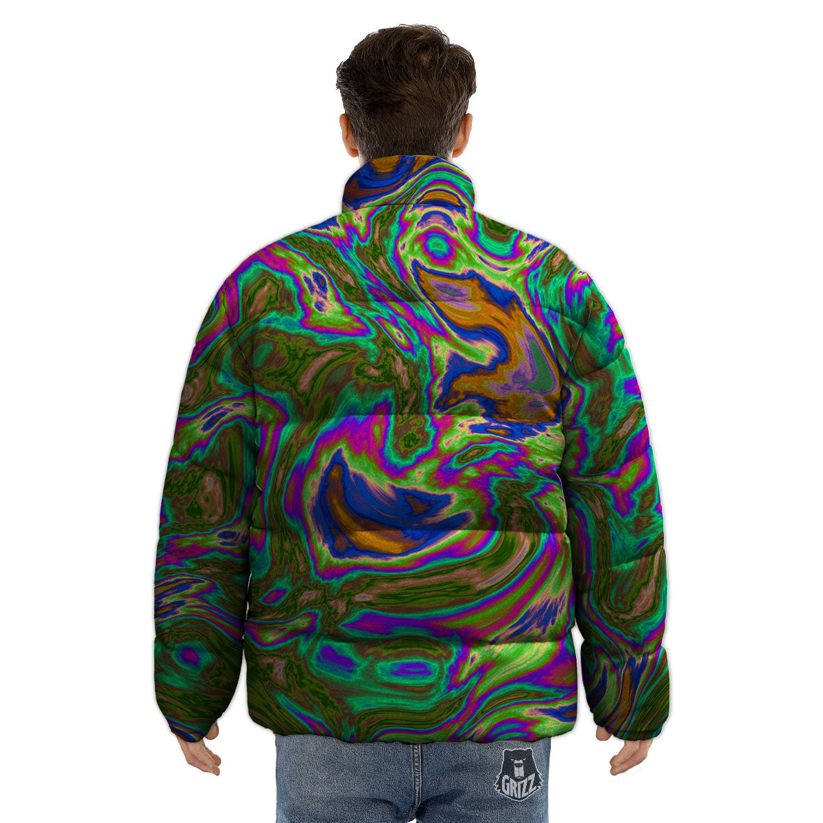 Psychedelic Trippy Purple Green Print Puffer Jacket-grizzshop