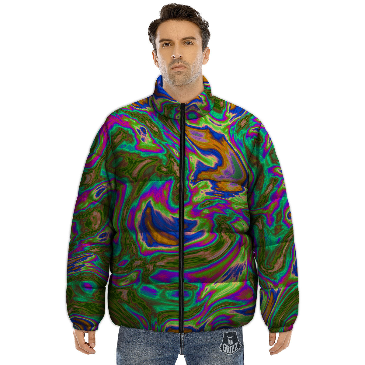 Psychedelic Trippy Purple Green Print Puffer Jacket-grizzshop