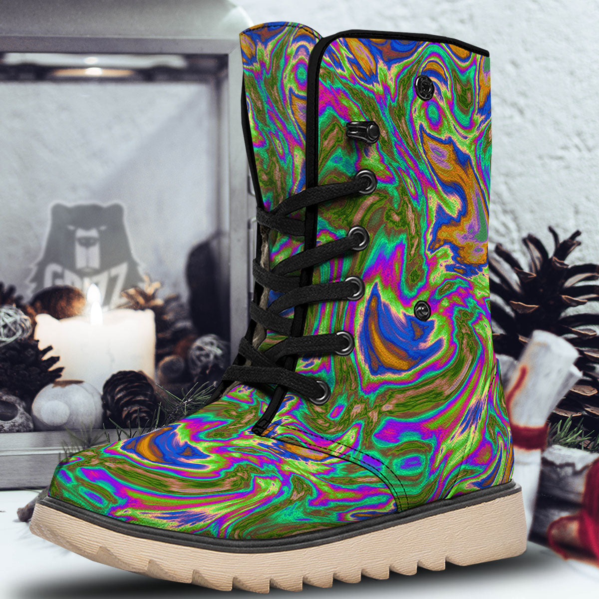 Psychedelic Trippy Purple Green Print Snow Boots-grizzshop
