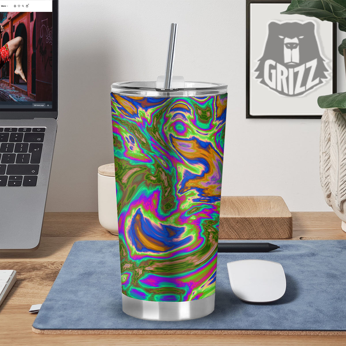 Psychedelic Trippy Purple Green Print Tumbler-grizzshop
