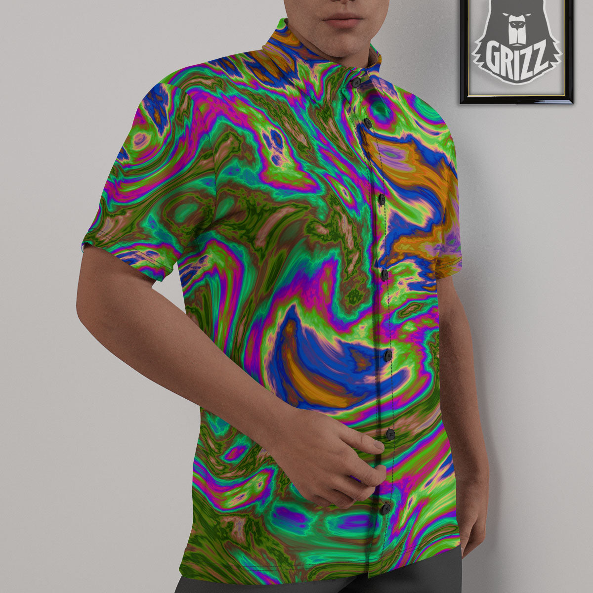 Psychedelic Trippy Purple Green Print Untucked Shirts-grizzshop