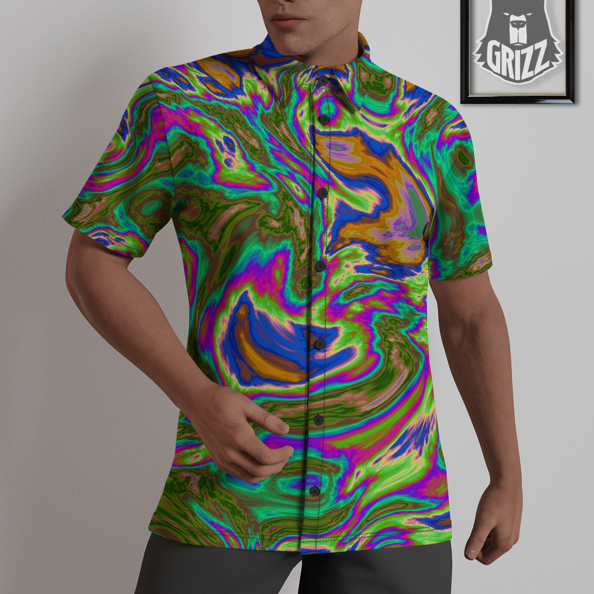 Psychedelic Trippy Purple Green Print Untucked Shirts-grizzshop