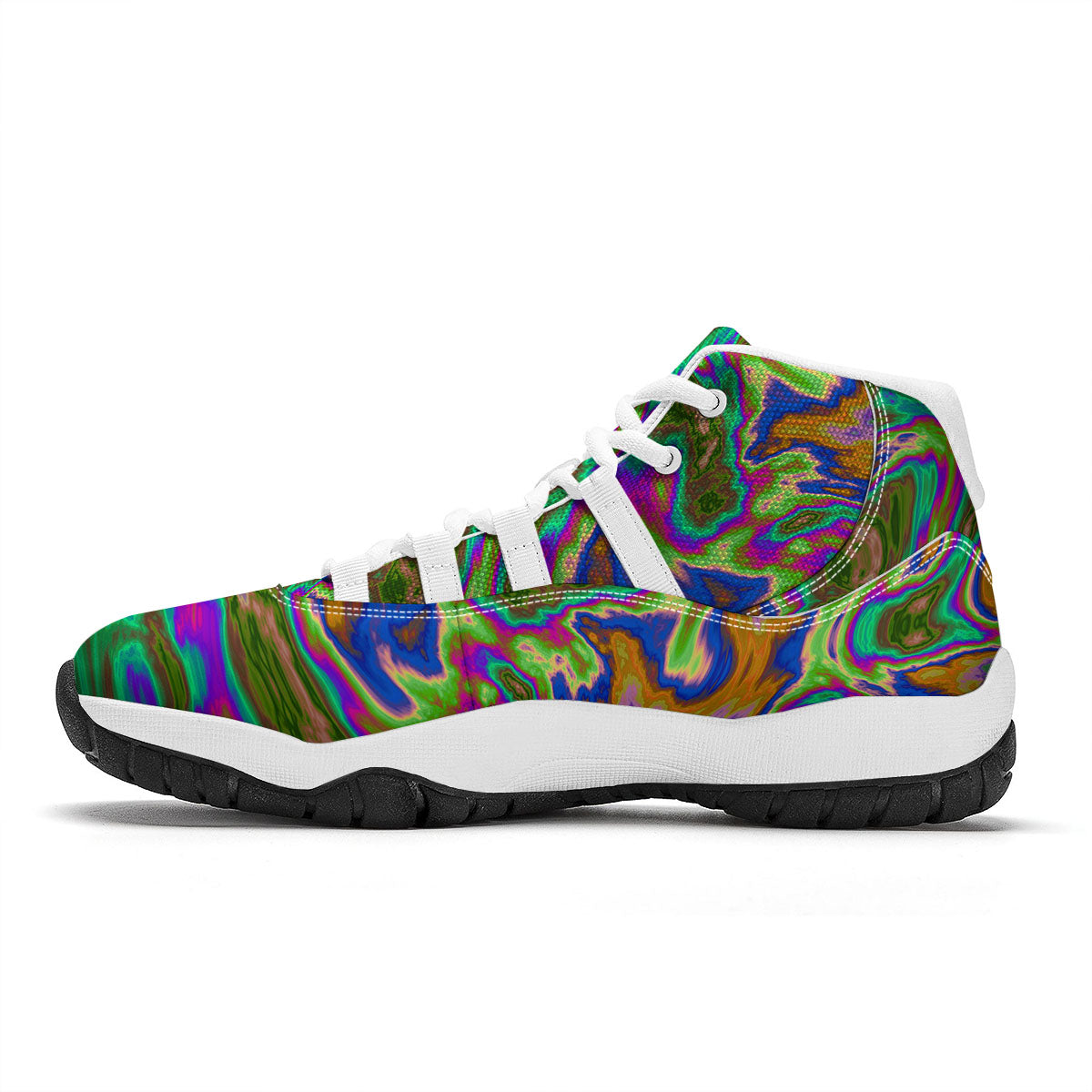 Psychedelic Trippy Purple Green Print White Bball Shoes-grizzshop