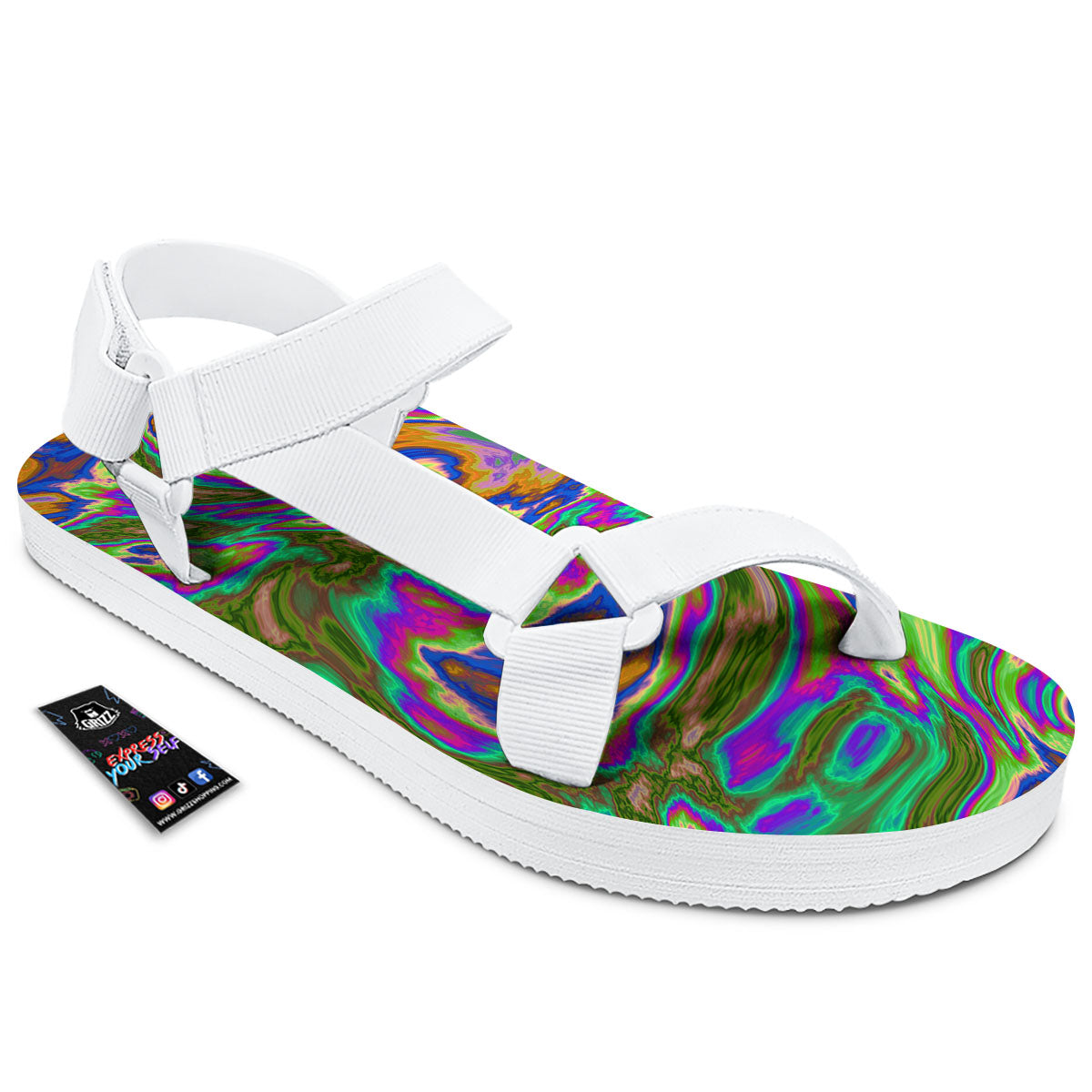 Psychedelic Trippy Purple Green Print White Open Toe Sandals-grizzshop