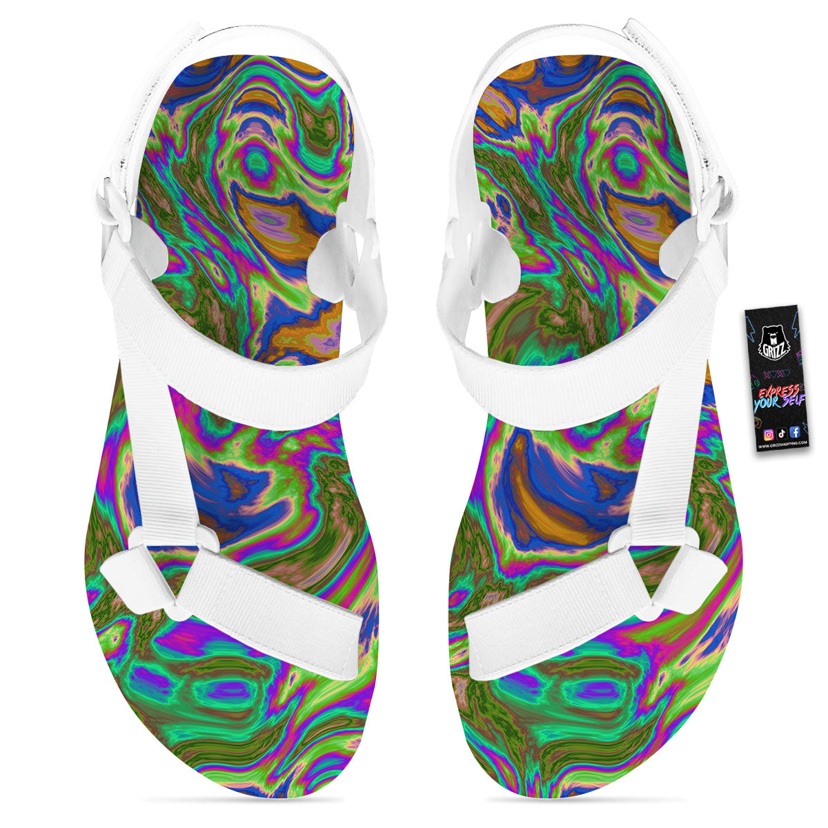 Psychedelic Trippy Purple Green Print White Open Toe Sandals-grizzshop