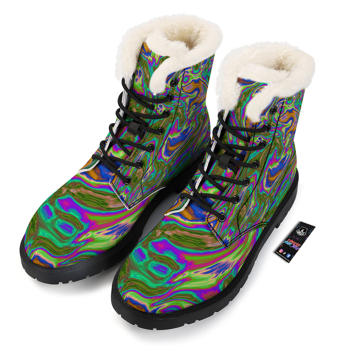 Psychedelic Trippy Purple Green Print Winter Boots-grizzshop