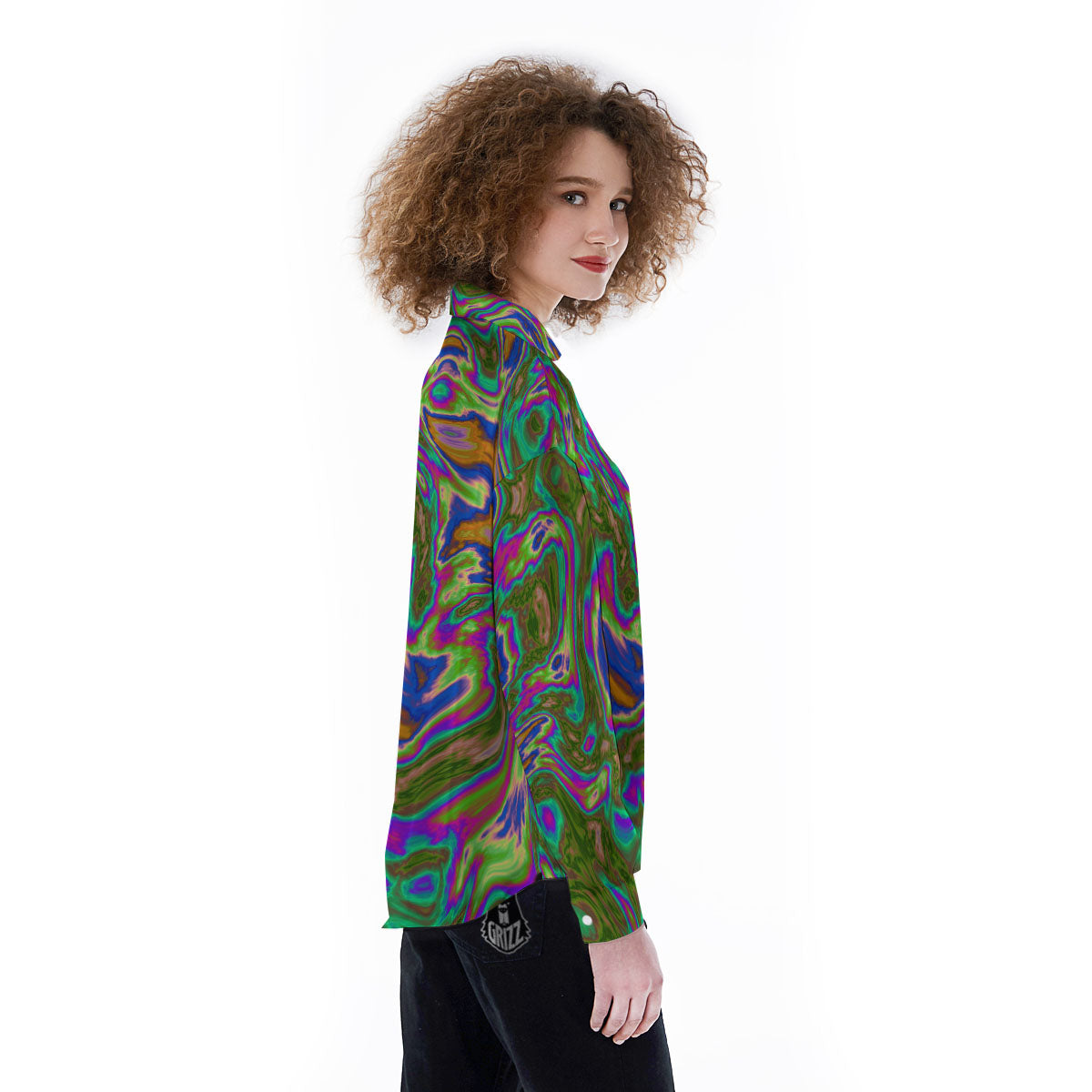 Psychedelic Trippy Purple Green Print Women's Long Sleeve Shirts-grizzshop
