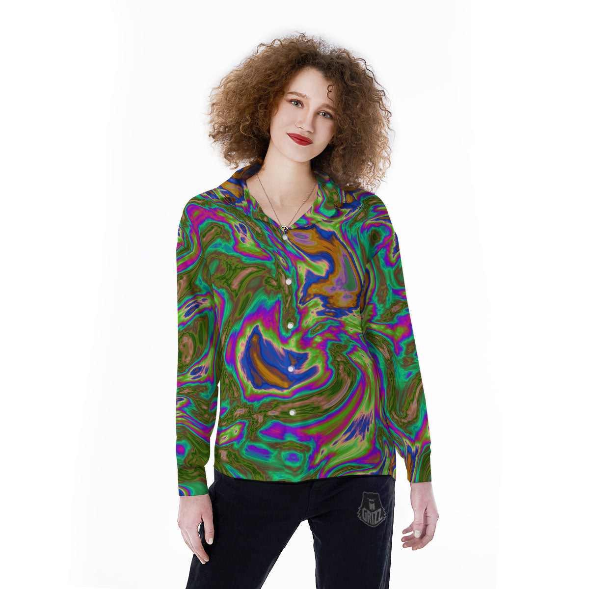 Psychedelic Trippy Purple Green Print Women's Long Sleeve Shirts-grizzshop