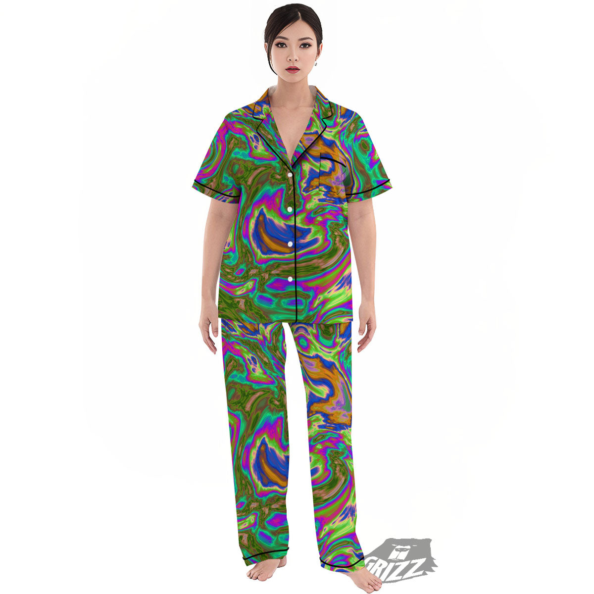 Psychedelic Trippy Purple Green Print Women's Pajamas Set-grizzshop