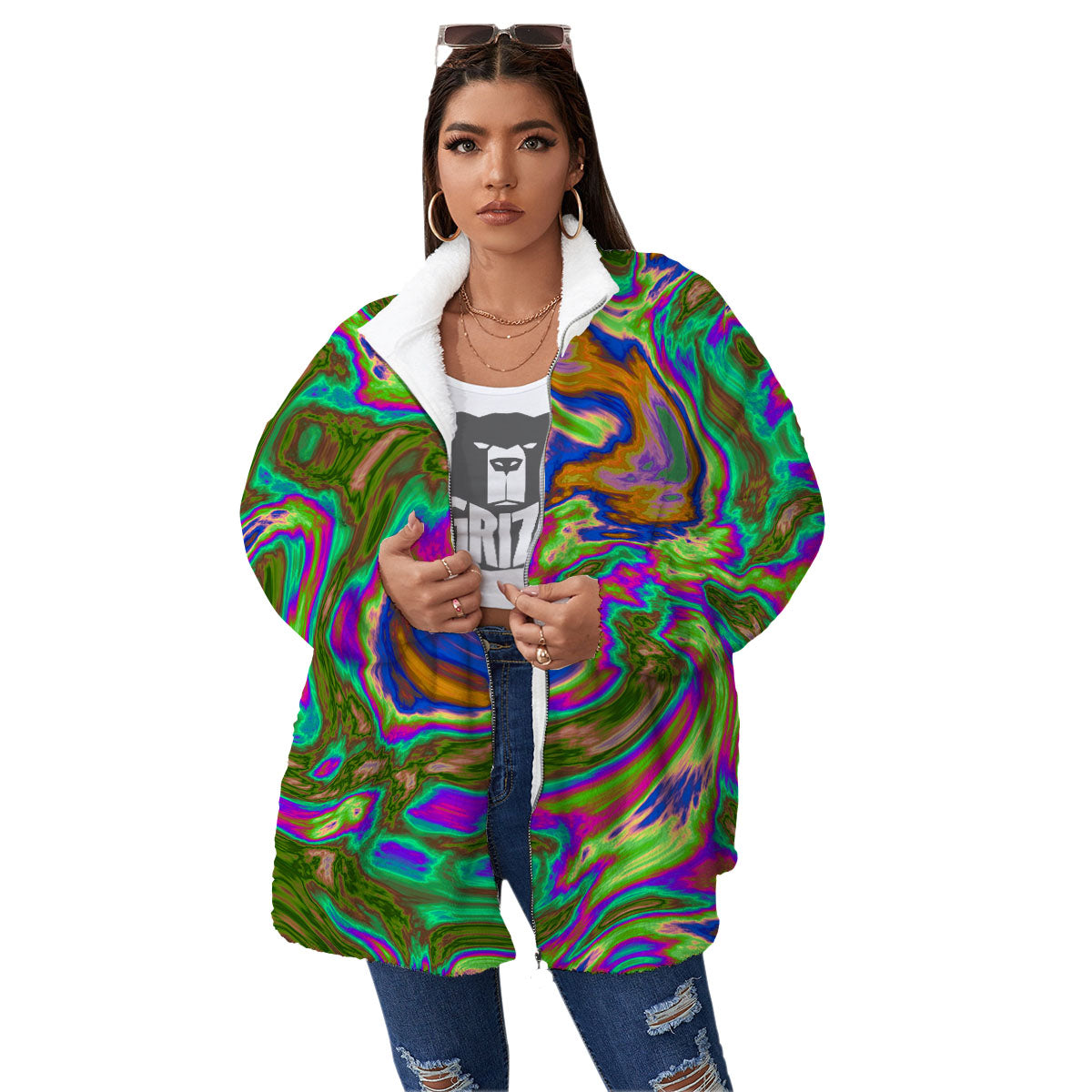 Psychedelic Trippy Purple Green Print Women's Sherpa Jacket-grizzshop