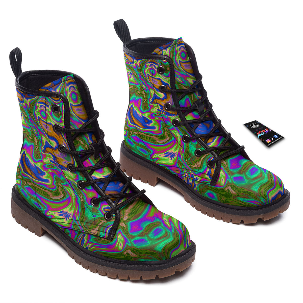 Psychedelic Trippy Purple Green Print Work Boots-grizzshop