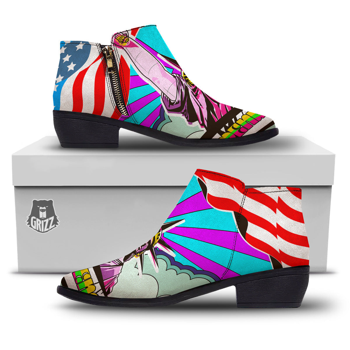 Psychedelic USA Statue of Liberty Independence Day Print Ankle Boots-grizzshop