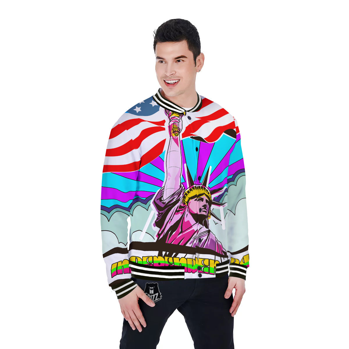 Psychedelic USA Statue of Liberty Independence Day Print Baseball Jacket-grizzshop