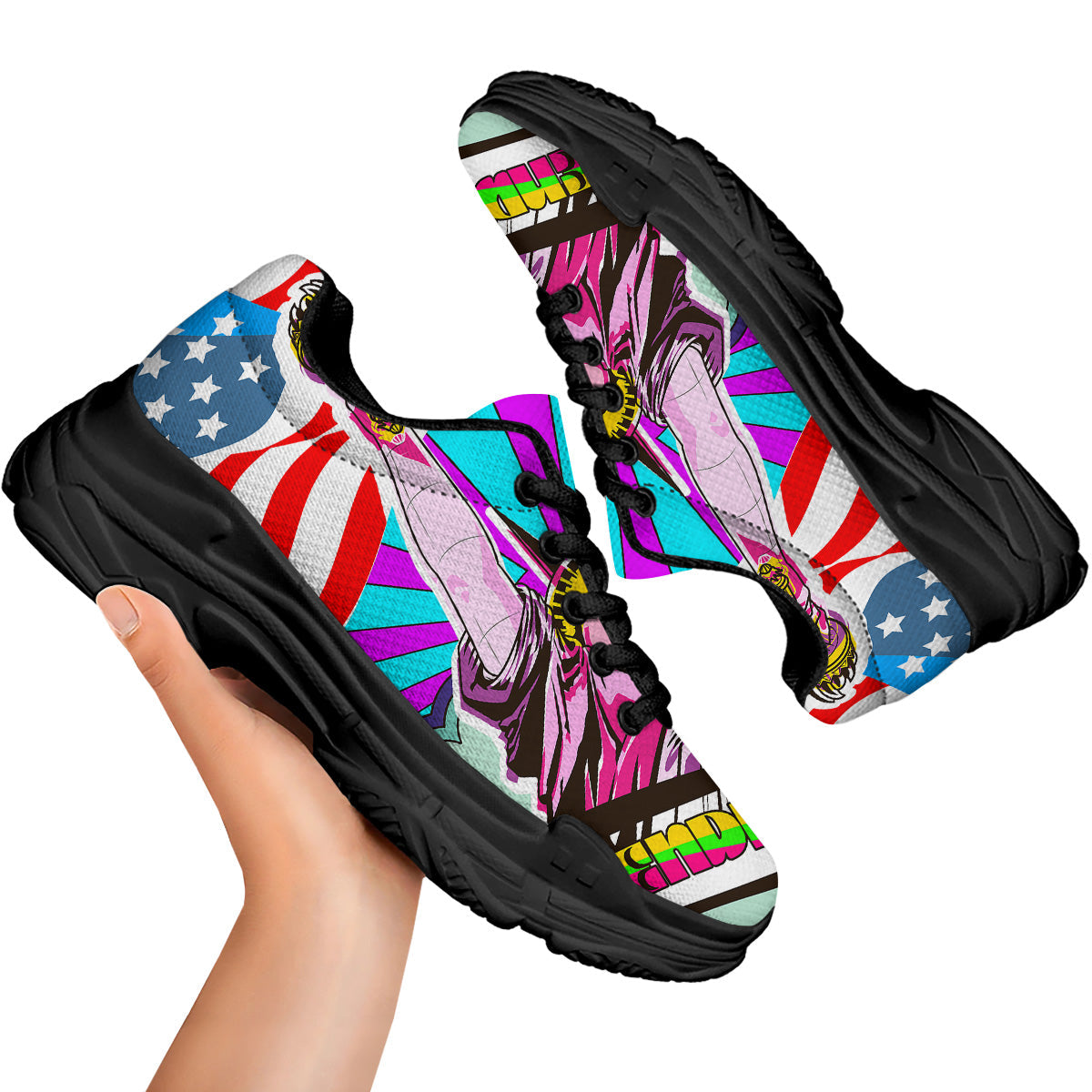 Psychedelic USA Statue of Liberty Independence Day Print Black Chunky Shoes-grizzshop