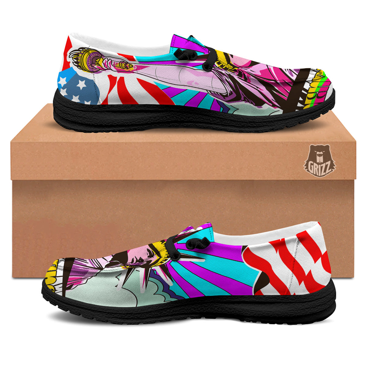 Psychedelic USA Statue of Liberty Independence Day Print Black Loafers-grizzshop