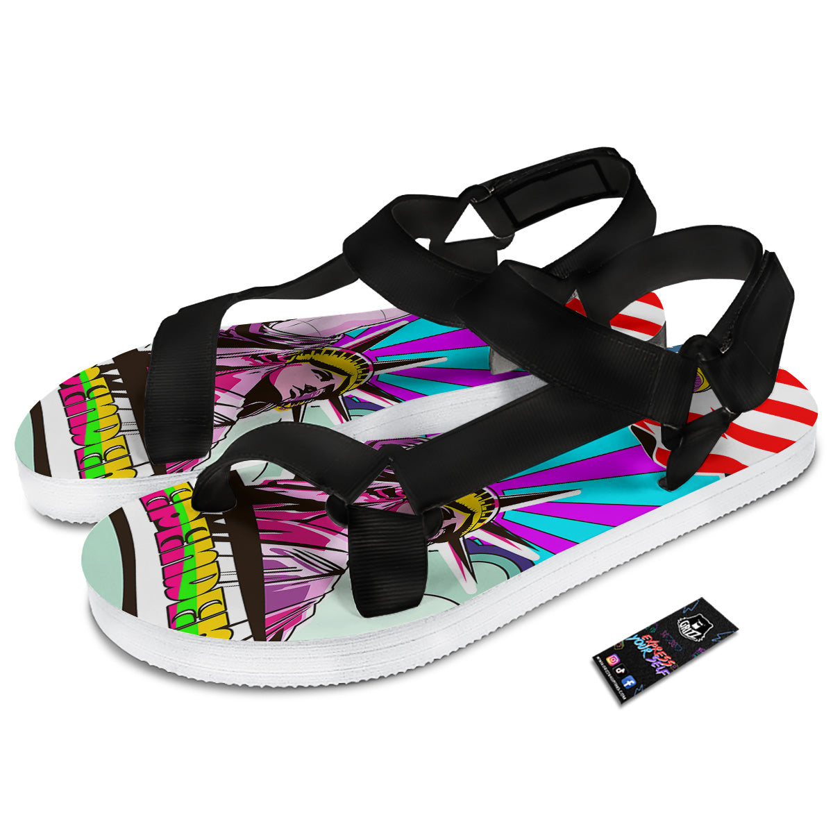 Psychedelic USA Statue of Liberty Independence Day Print Black Open Toe Sandals-grizzshop