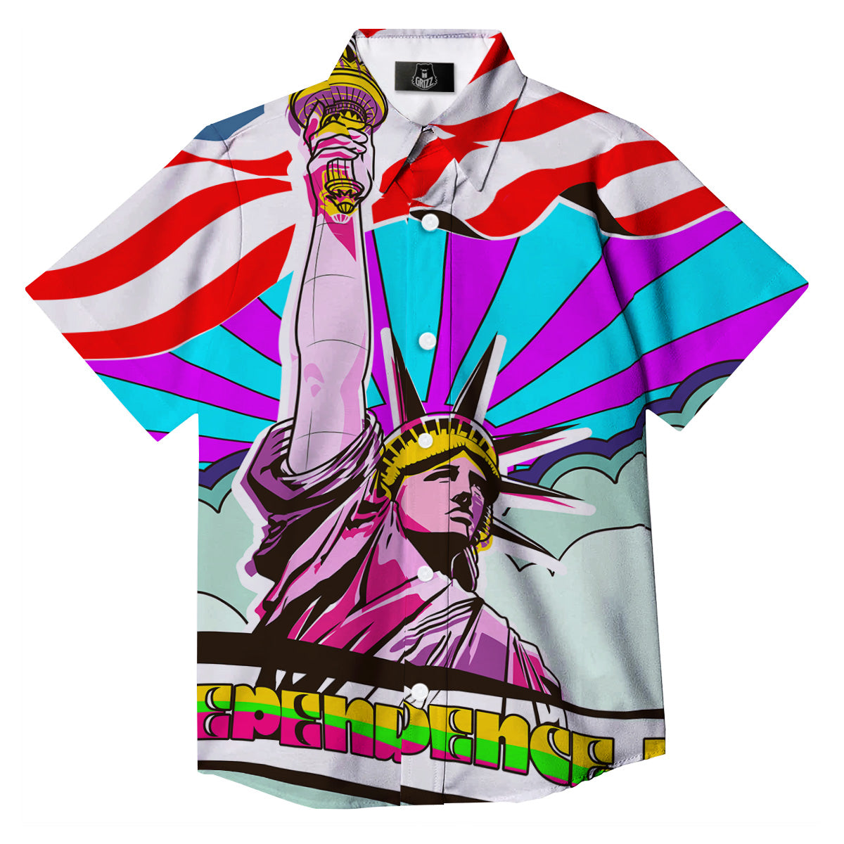 Psychedelic USA Statue of Liberty Independence Day Print Button Up Shirt-grizzshop