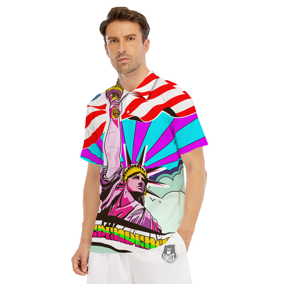 Psychedelic USA Statue of Liberty Independence Day Print Men's Golf Shirts-grizzshop