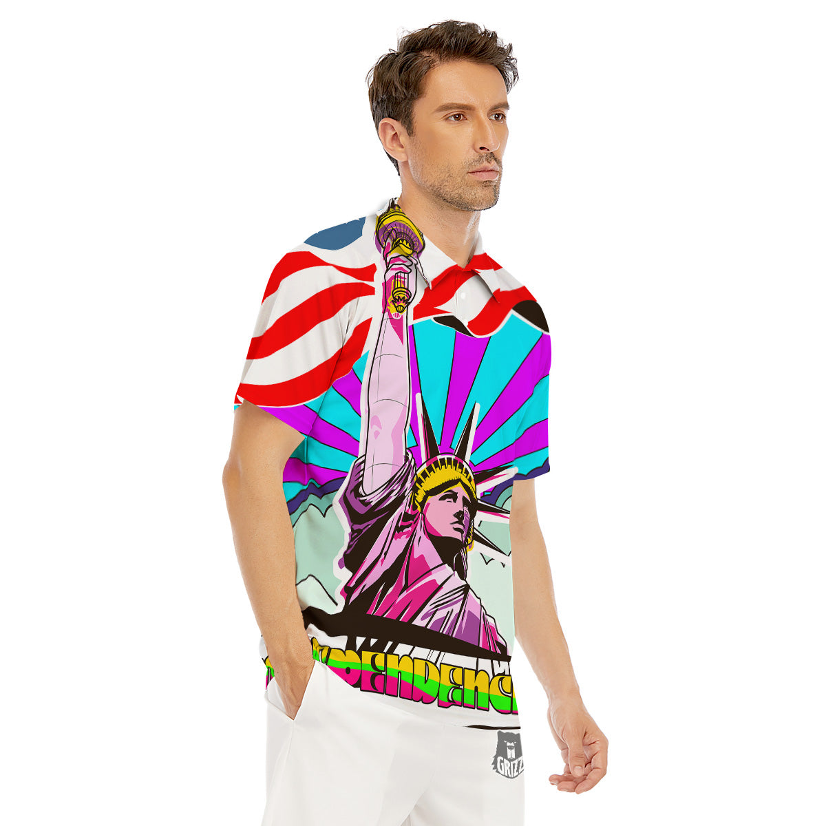 Psychedelic USA Statue of Liberty Independence Day Print Men's Golf Shirts-grizzshop