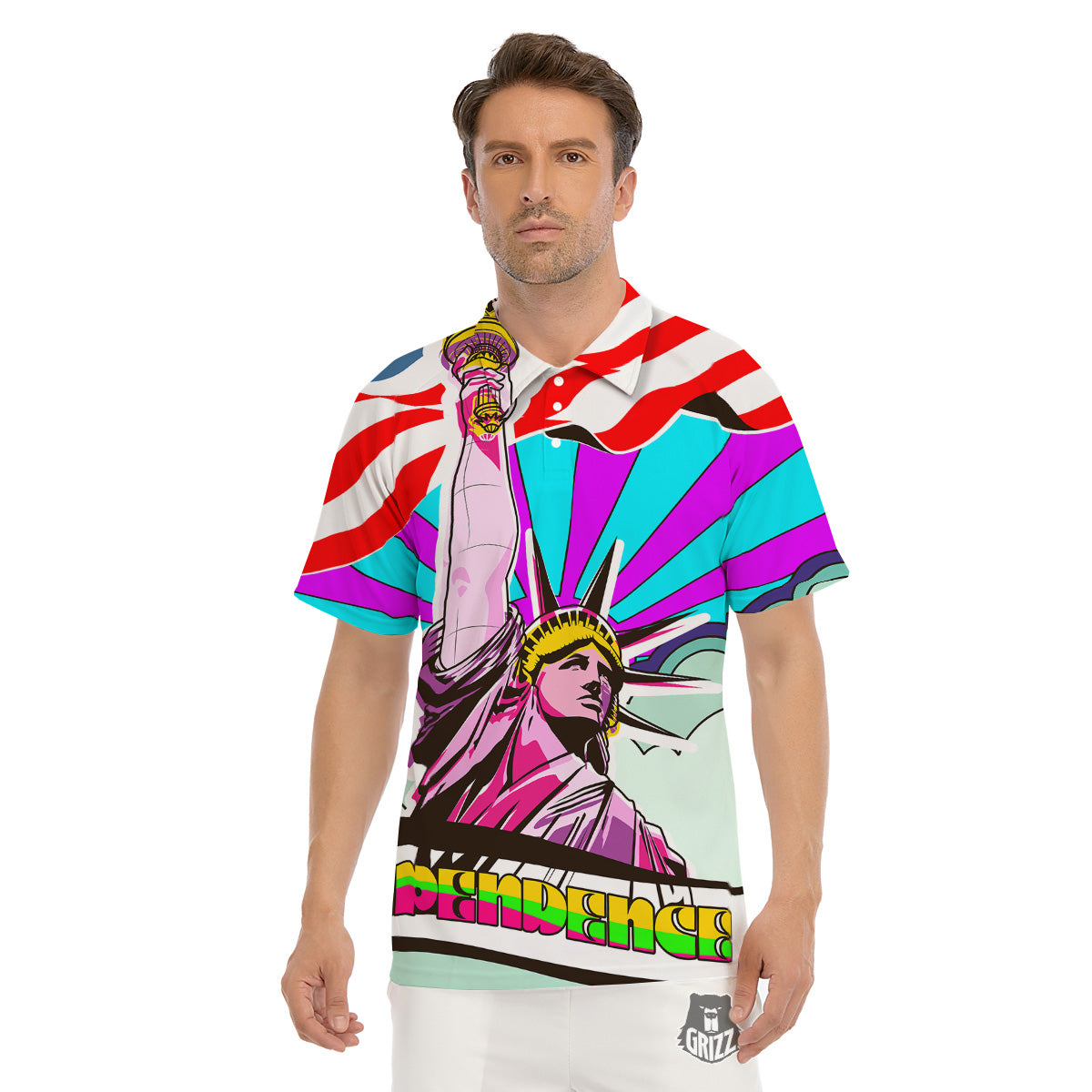 Psychedelic USA Statue of Liberty Independence Day Print Men's Golf Shirts-grizzshop