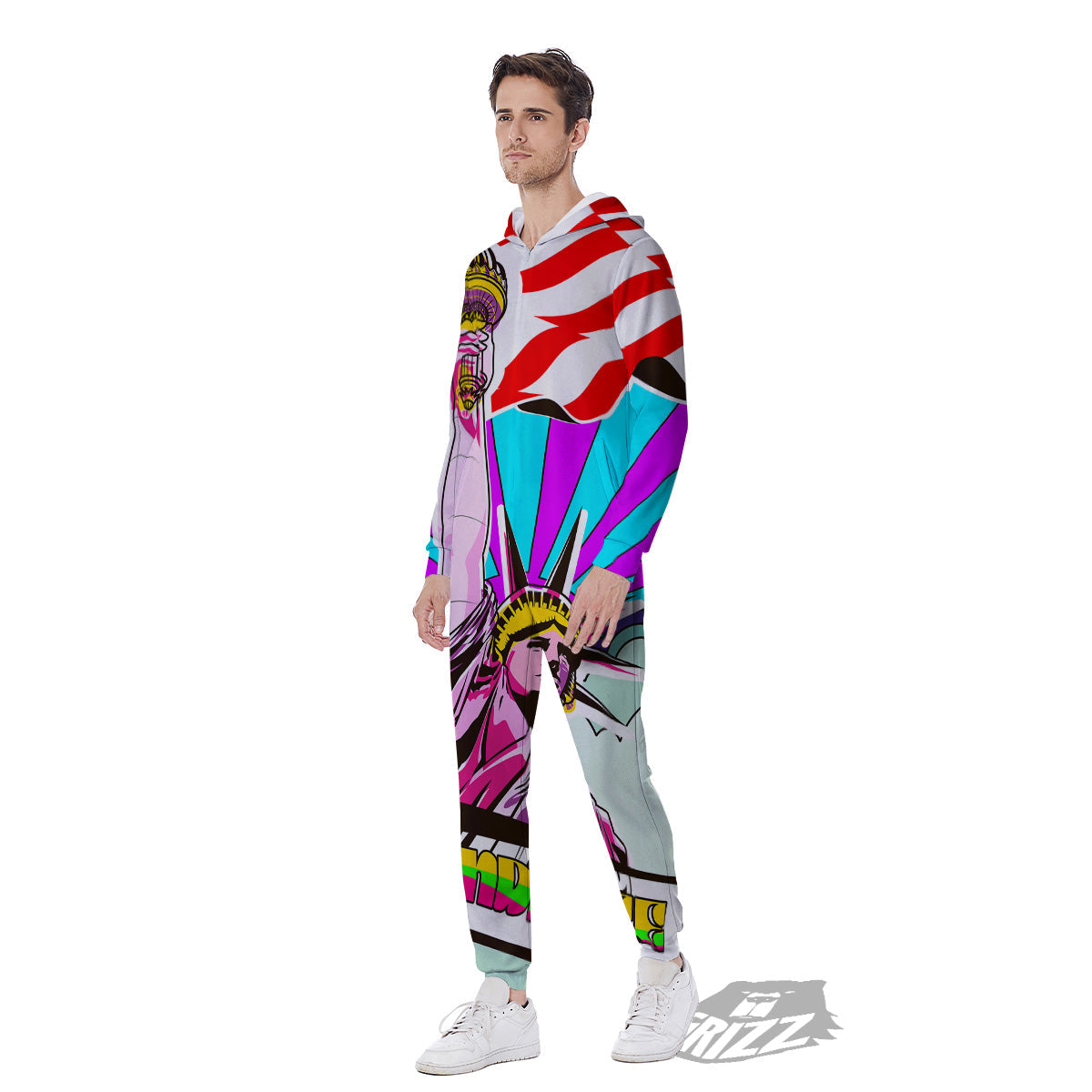 Psychedelic USA Statue of Liberty Independence Day Print Men's Jumpsuit-grizzshop