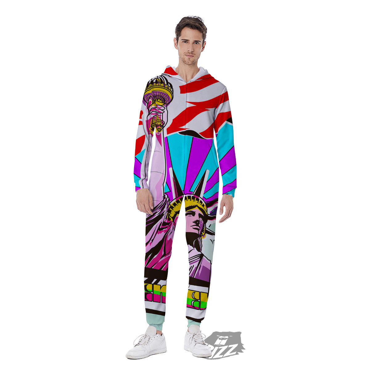 Psychedelic USA Statue of Liberty Independence Day Print Men's Jumpsuit-grizzshop