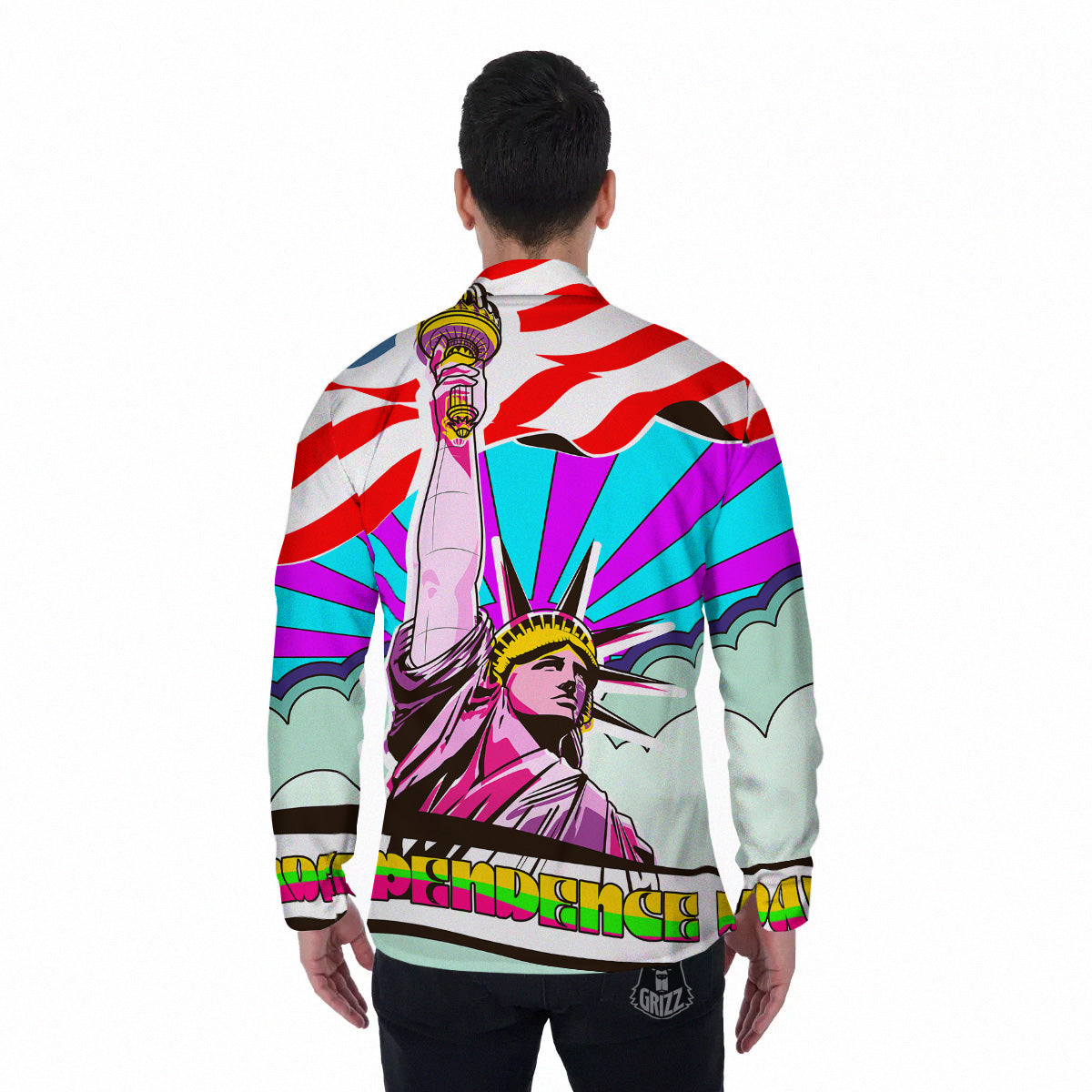 Psychedelic USA Statue of Liberty Independence Day Print Men's Long Sleeve Shirts-grizzshop