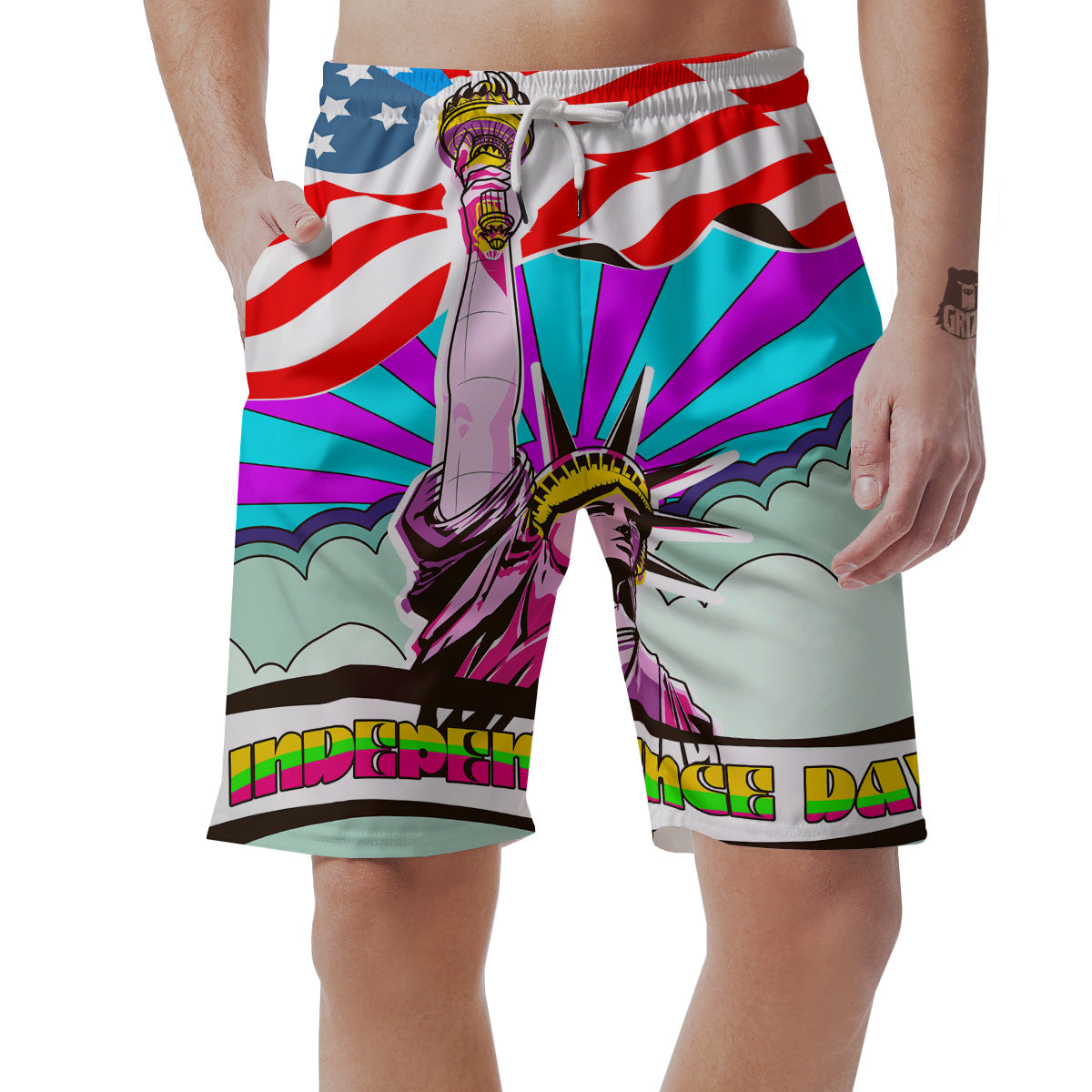 Psychedelic USA Statue of Liberty Independence Day Print Men's Shorts-grizzshop