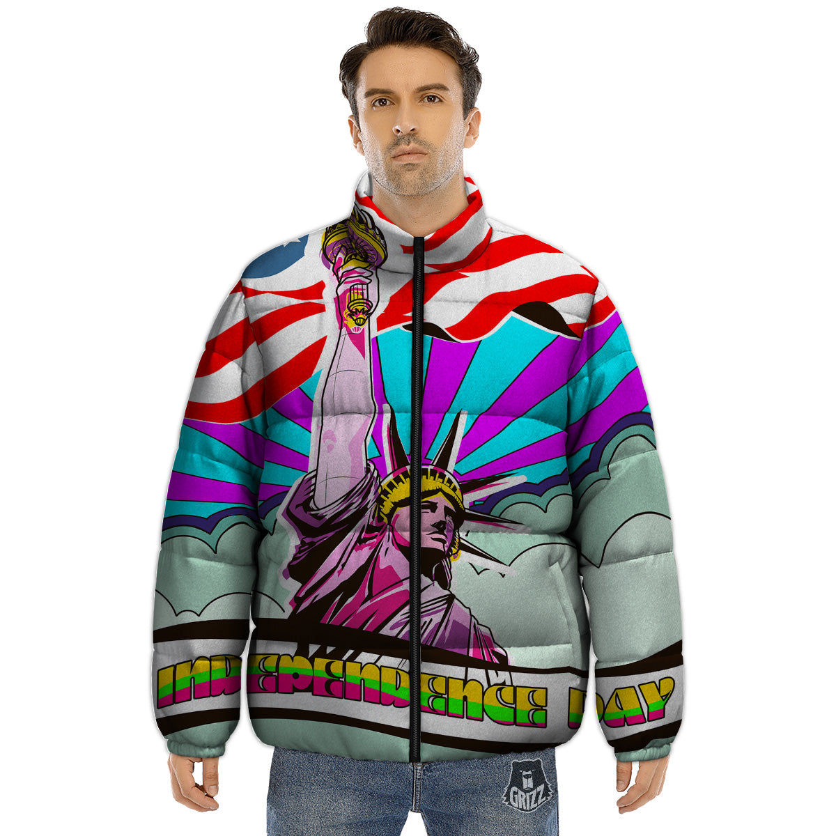 Psychedelic USA Statue of Liberty Independence Day Print Puffer Jacket-grizzshop