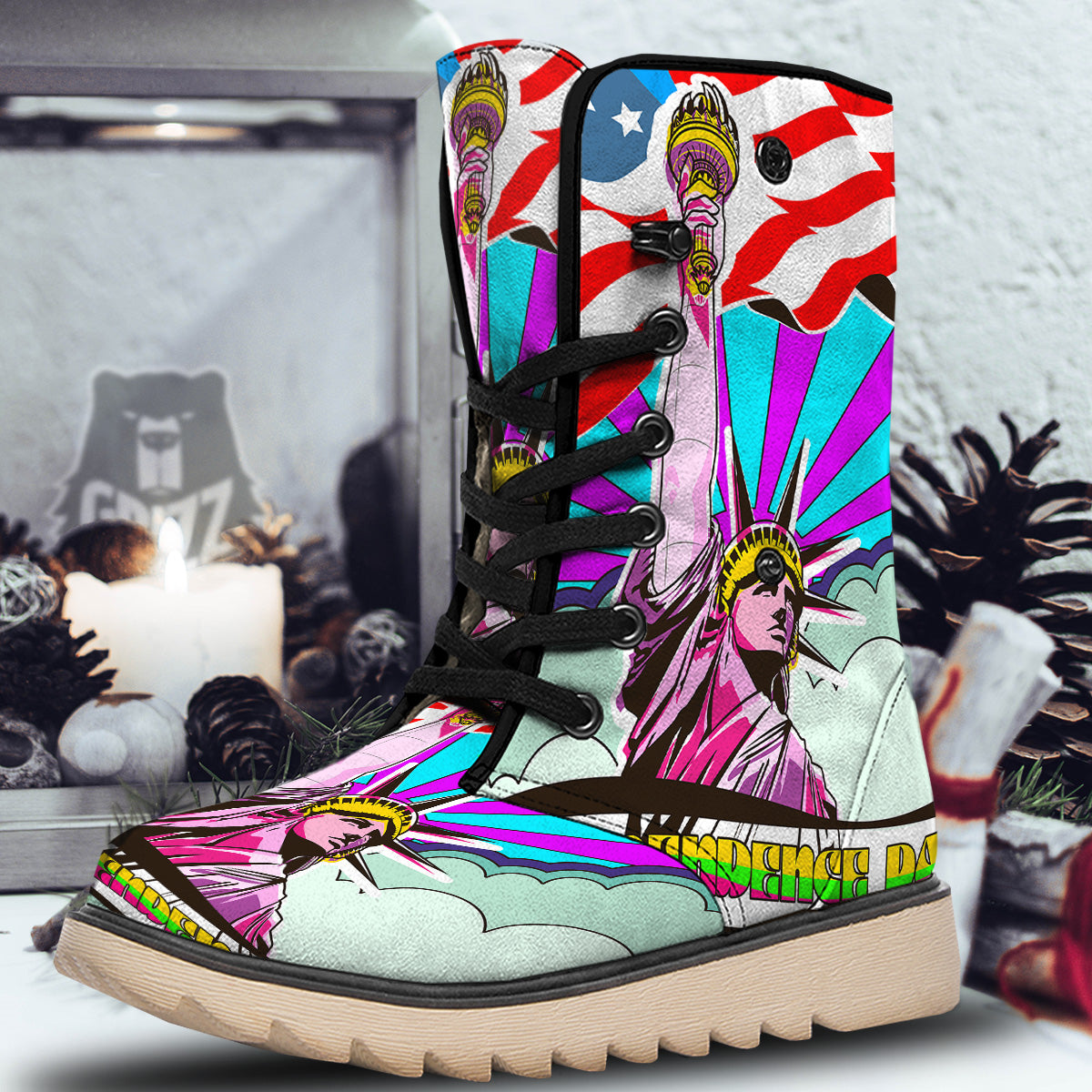 Psychedelic USA Statue of Liberty Independence Day Print Snow Boots-grizzshop