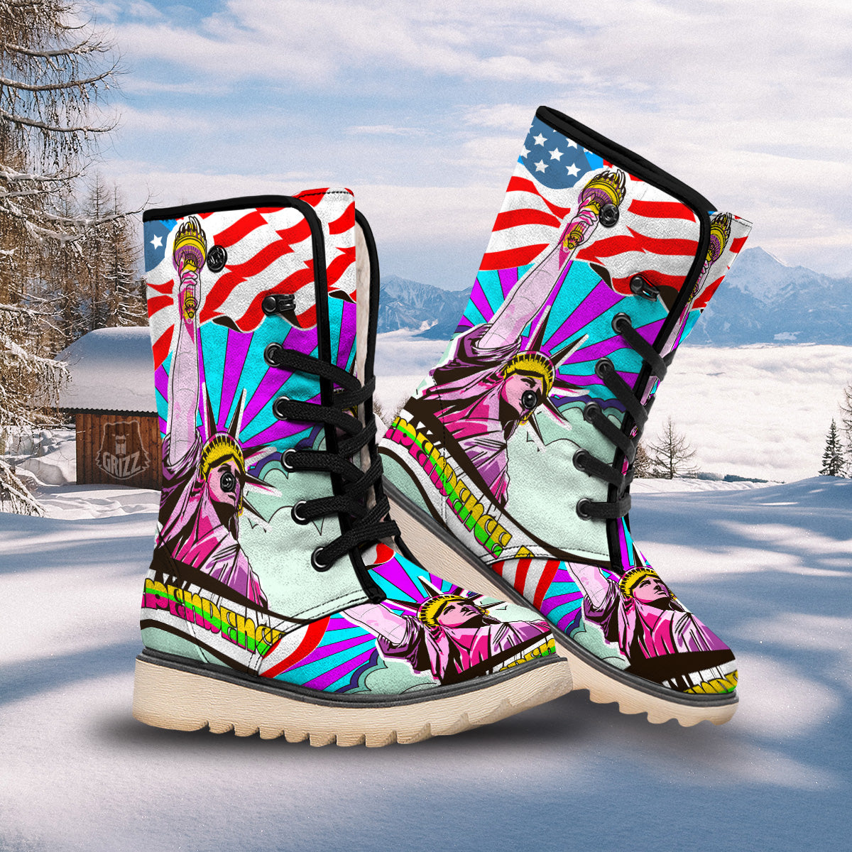 Psychedelic USA Statue of Liberty Independence Day Print Snow Boots-grizzshop